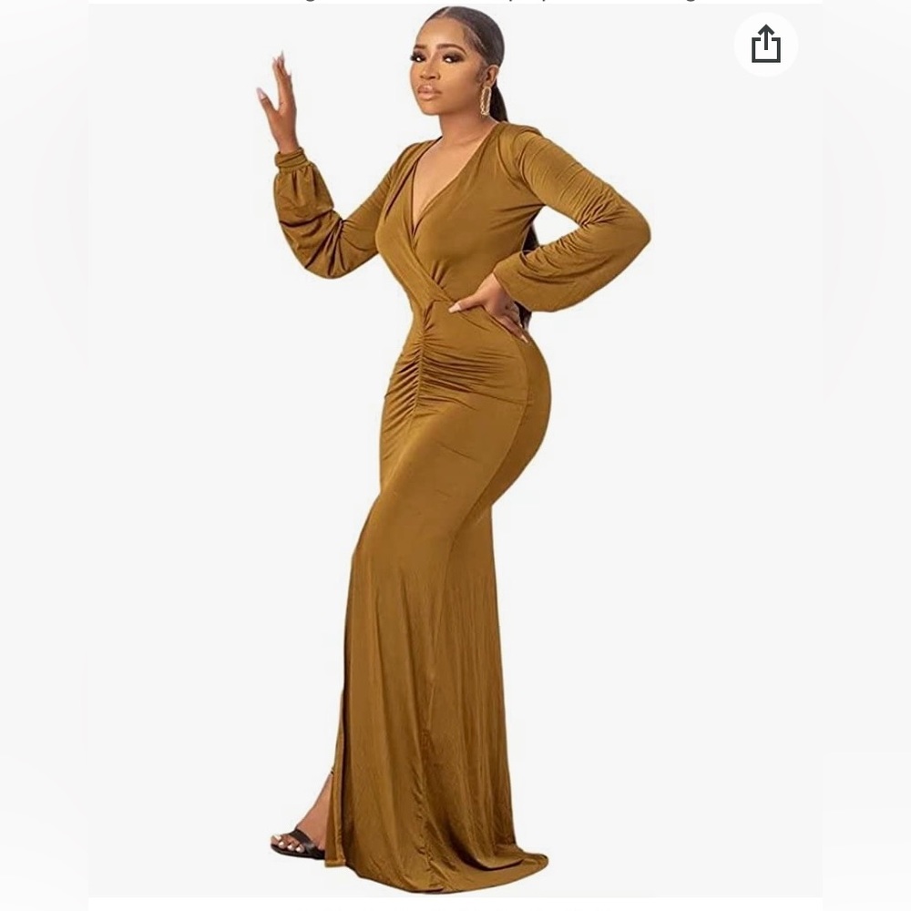 SALE!! Stunning gold Womens long Vneck maxi dress. Ready for you now. Only one.
